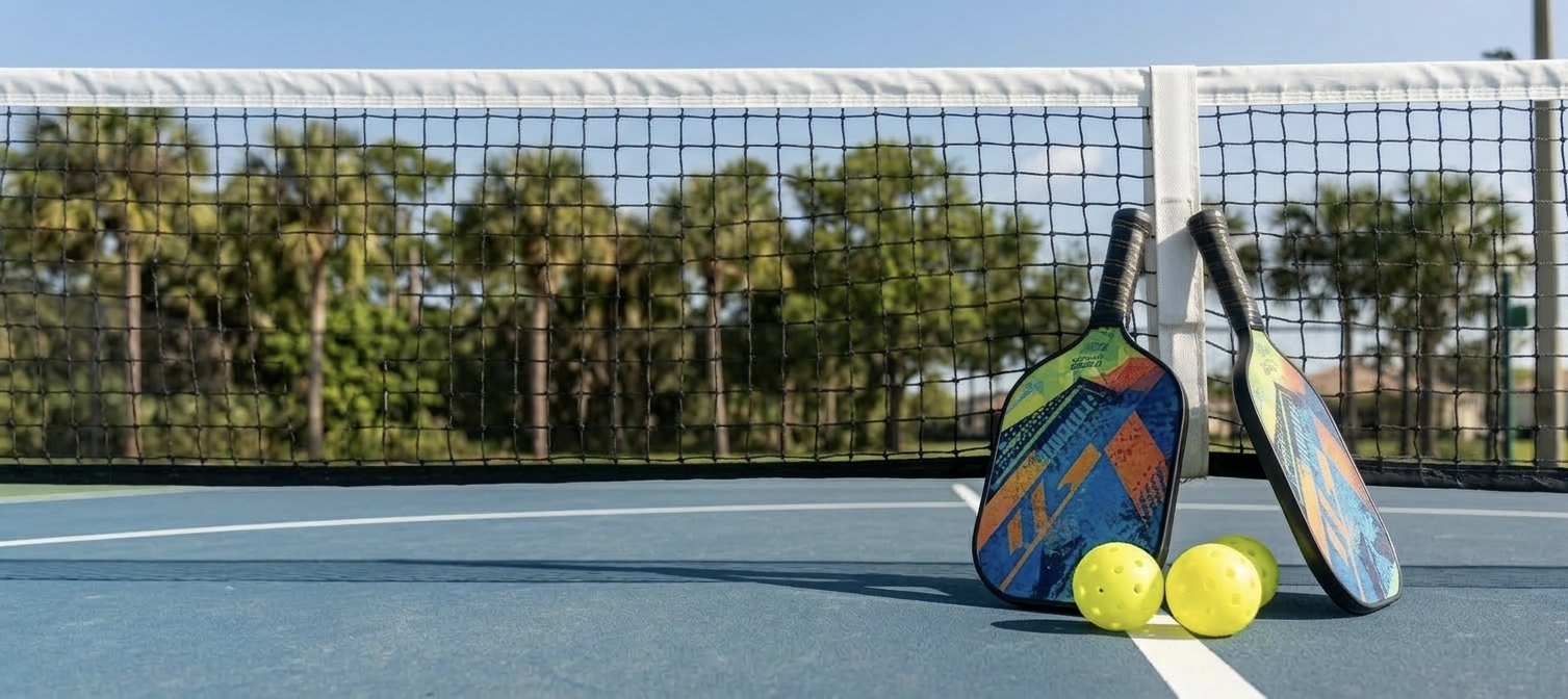 Palas de pickleball y pelotas en una pista al aire libre